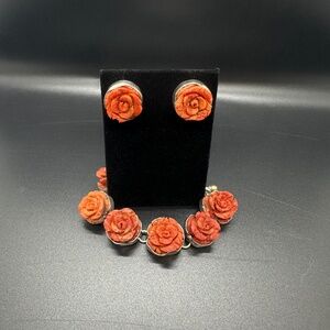 Charles Albert Sterling Silver Red Coral Bracelet & Earrings Set